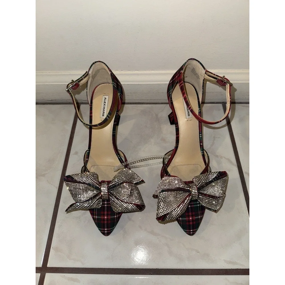 NWOB‎ Alex Marie Carmela Plaid Rhinestone Bow Ankle Strap Dress Pumps Size 5M